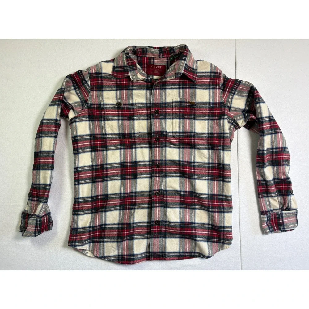 Orvis Mens Medium Classic Fit Flannel Shirt Red White Blue Plaid Cotton Long Slv - Picture 1 of 7